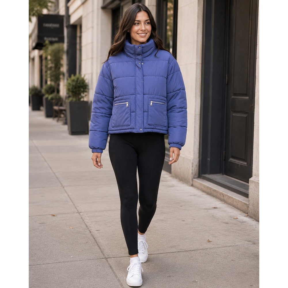 Forever 21 Women's Blue Puffer Jacket High Collar Zip Pockets Size Medium